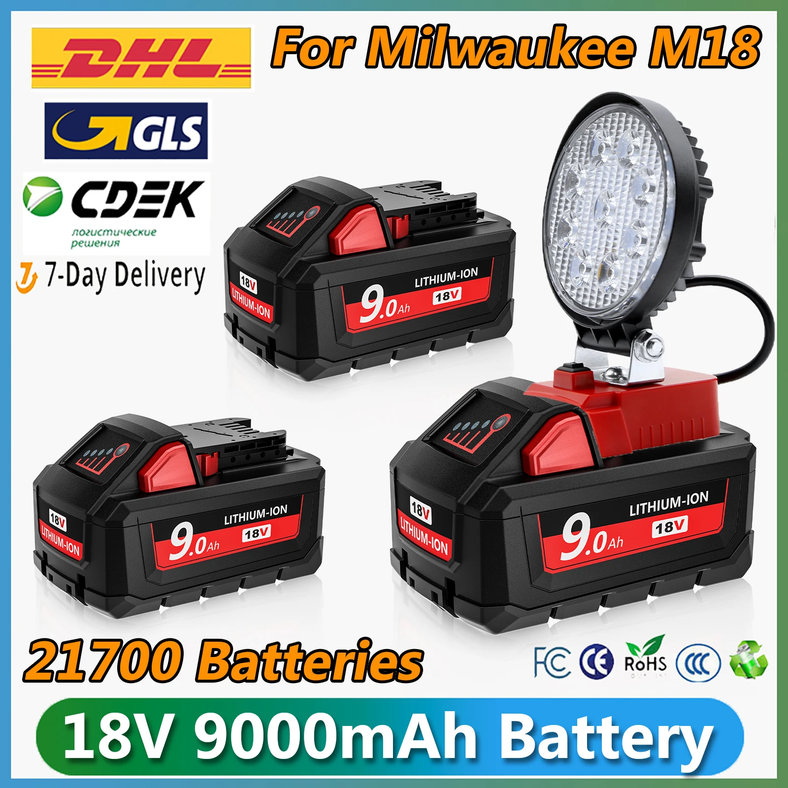 For Milwaukee M18 Battery 21700 Batteries 9000mAh 18V Li-ion Rechargeable Battery 48-11-1815 48-11-1850 with LED Work Light