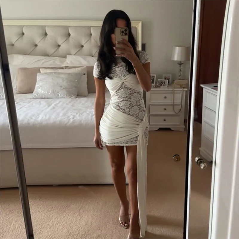 2025年夏新作　トレンドセクシーレースカットアウトシースルーリボンタイディテールボディコンミニドレス レディース