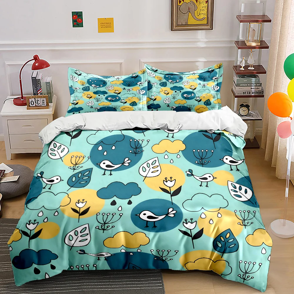 Minimal Birds, Flowers, and Circles Print Bedding Set 1 Duvet Cover 2 Pillowcases for Adult and Children Luxury Gift Full Size