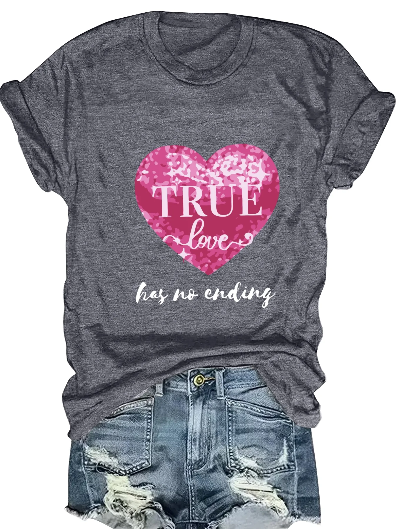 

Fashionable Letter Heart Pattern Printed round Neck Short Sleeve Top for Women Stylish Casual T-Shirt