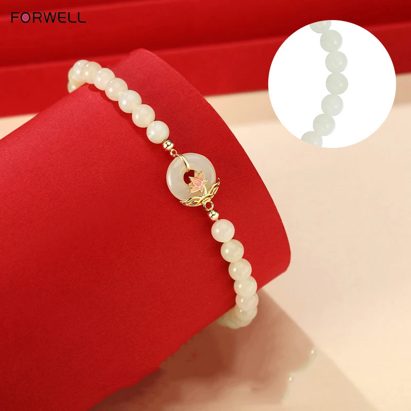 FORWELL Natural Jade Lotus Bracelet for Girlfriend Exquisite Elegant Simple High-Grade Ethnic Style Luxury Quality Jewelry