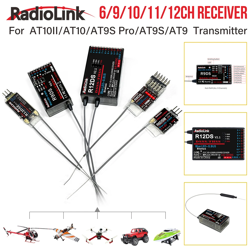

RadioLink RC Receiver R12DS R12DSM R9DS R6DS R6DSM 2.4G 6/9/10/11/12CH Receiver for RC Transmitter AT10II/AT10/AT9S Pro/AT9