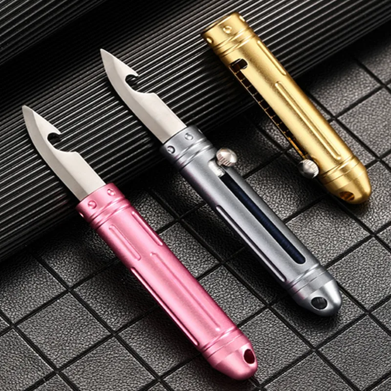 Unpacked Mini Brass Knife Portable Pocket Knife Push Pull Automatic Spring Fruit Knife Keychain Pendant Gift