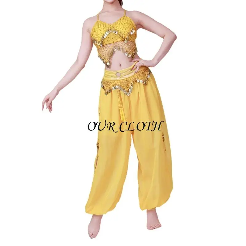 

2 шт. комплект костюмов для танца живота для женщин, бюстгальтер с монетами для танца живота, топы и штаны-шаровары, комплект