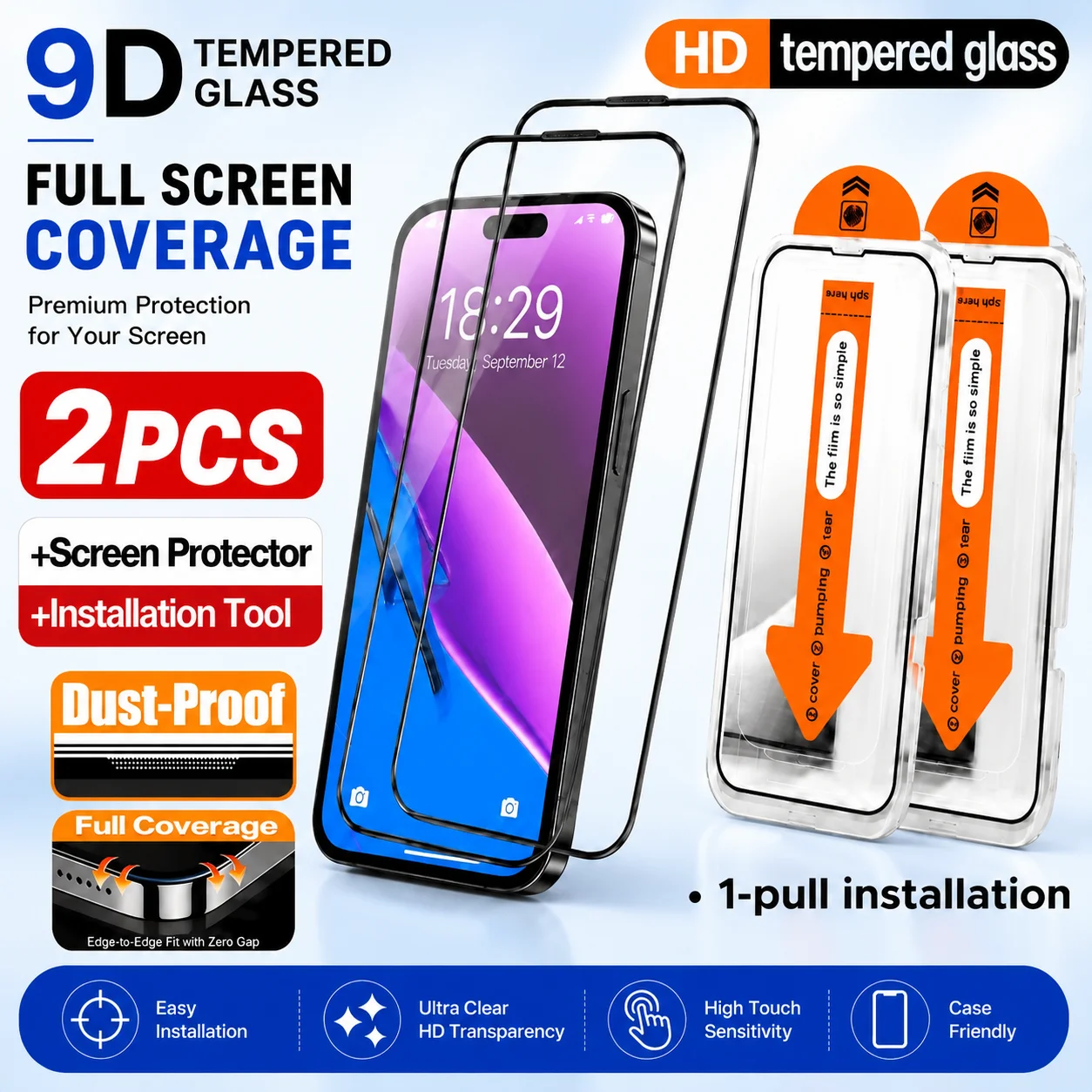 2er-Pack Hochtransparente Displayschutzfolie für iPhone 17 16 15 14 Pro Max Air 16e 17e 13 12 11 Pro 15 14 Plus mit Ein-Klick-Installation Glas