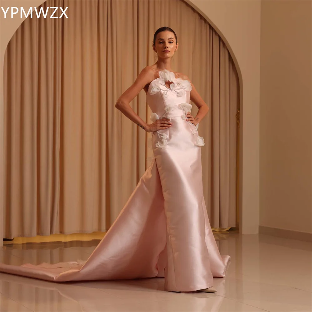 Customized YPMWZX Strapless Column Floor length Skirts Sleeveless Applique 3D Flower Bespoke Occasion Dresses