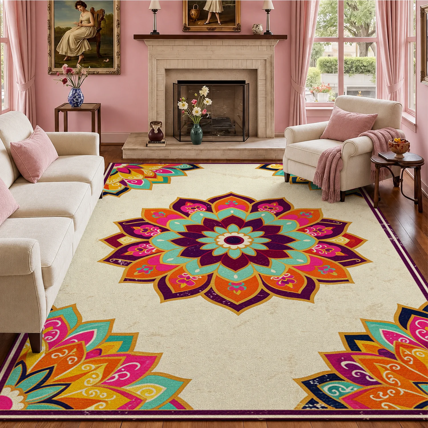 Vibrant Mandala Floral Pattern Velvet Area Rug, Machine Washable Soft Floor Mat for Living Room, Bedroom, Entryway, Dining Room, Ideal for Halloween, Thanksgiving, Christmas, New Year, Black Friday, Cyber Monday Home Decor