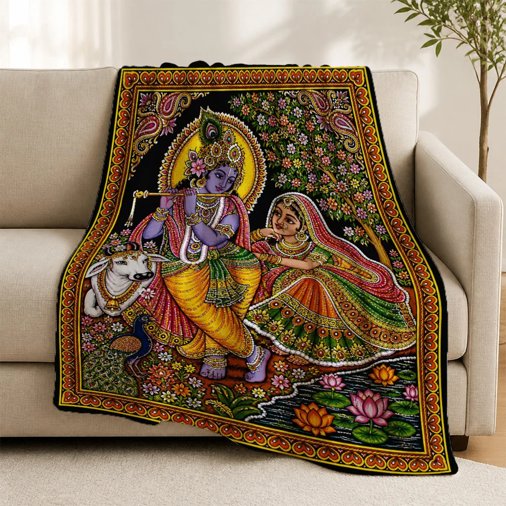 Premium Spiritual Indian Krishna Radha Art Print Throw Blanket Sofa Cover Home Decor Ethnic Mythology Cushion Accent Rug