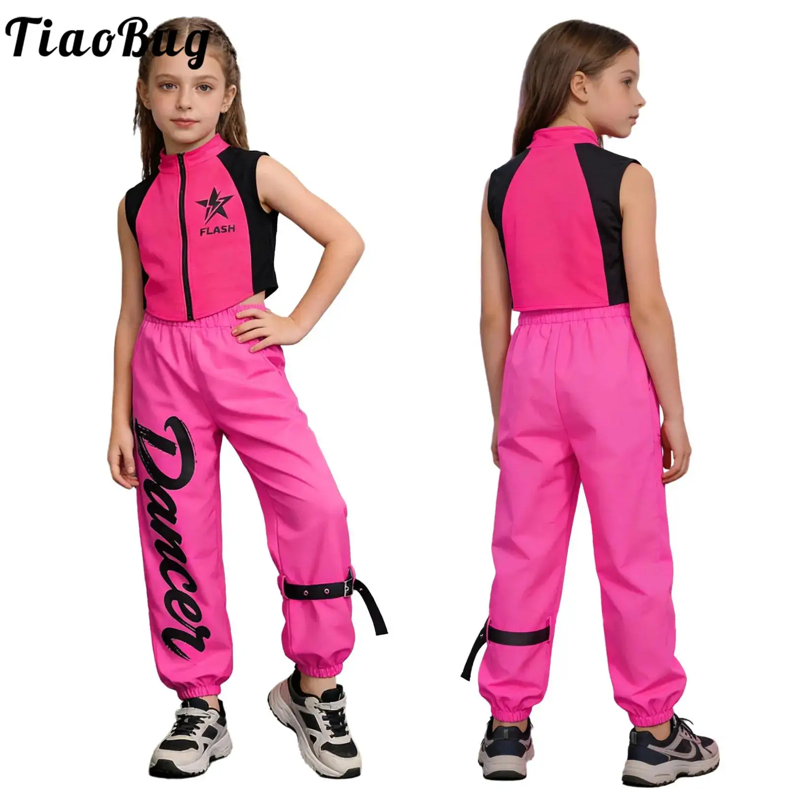 

Детские костюмы для выступлений в стиле хип-хоп и джаз для девочек, спортивный костюм для уличных танцев, укороченный топ без рукавов на молнии с брюками с буквенным принтом