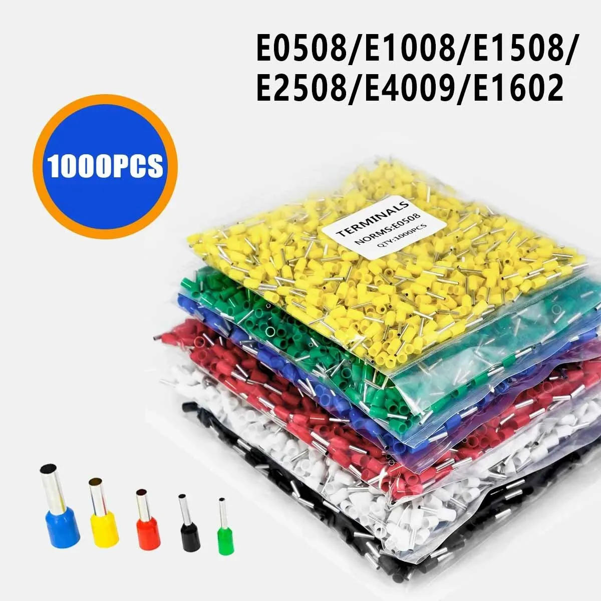 1000PCS Electrical Wire Ferrules Tubular Crimp Cable Terminals Connectors E0508 E1008 E1508 E2508 E4009 E6012 Sleeve Ferrules