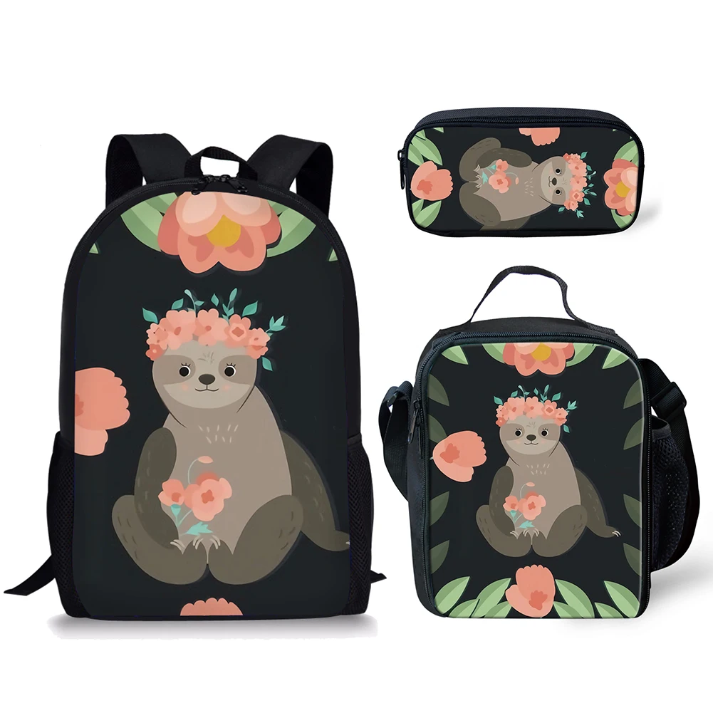 Engraçado Sloth Floral Pattern School Bag Set, mochila para meninos e meninas adolescentes, lancheira casual, estojo de lápis, 3 peças