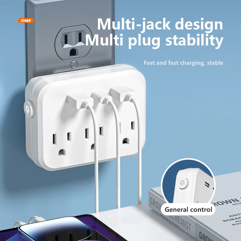 US Switch with surge protector Mini Portable Power socket 6-in-1 Multifunctional 3 sockets 2 USB ports 1 Type-C white/black view 4
