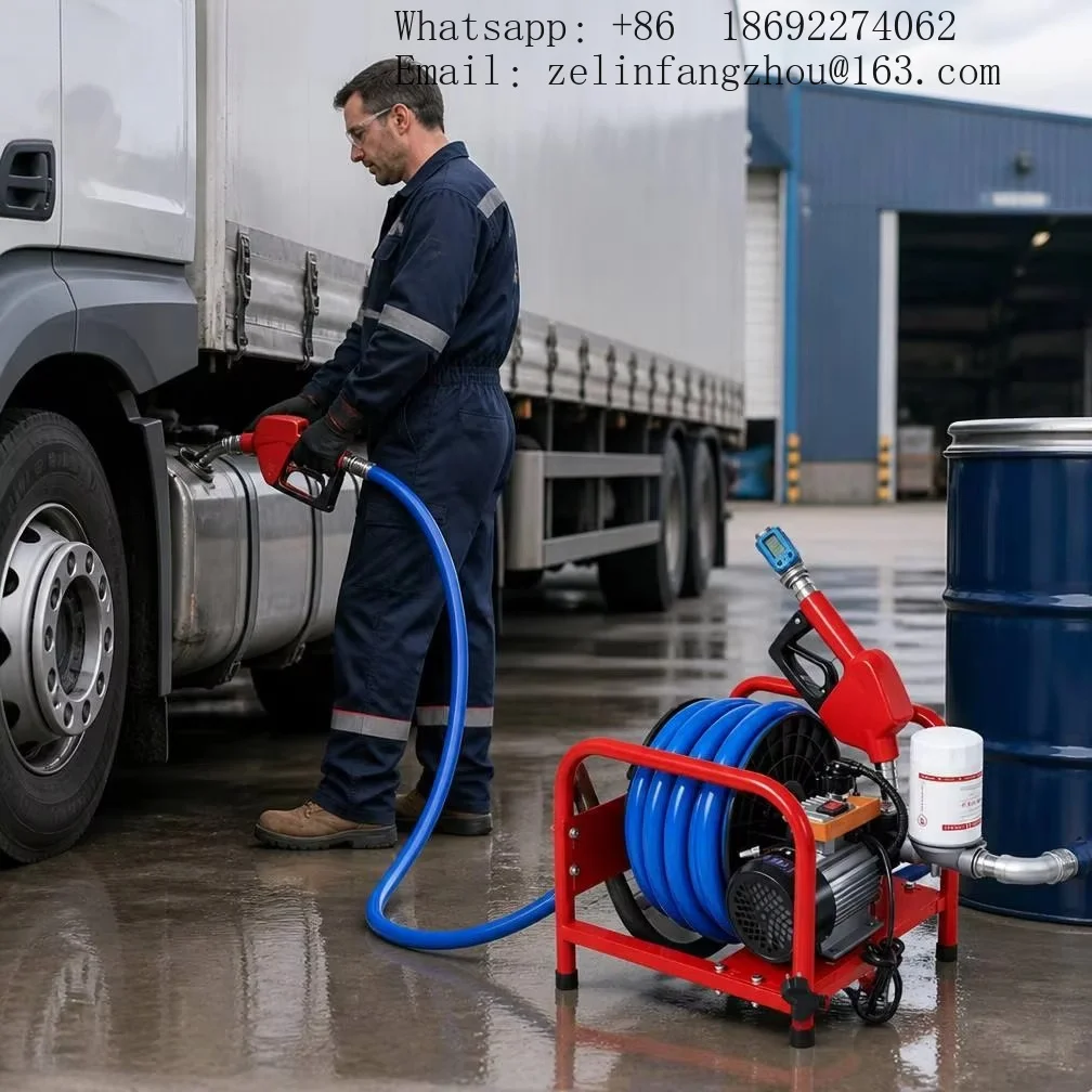 Electric Oil Transfer Pump Built In Reel 50-60L Min Pure Copper Motor Auto Start Stop Digital Flow Meter Heavy Duty Pro