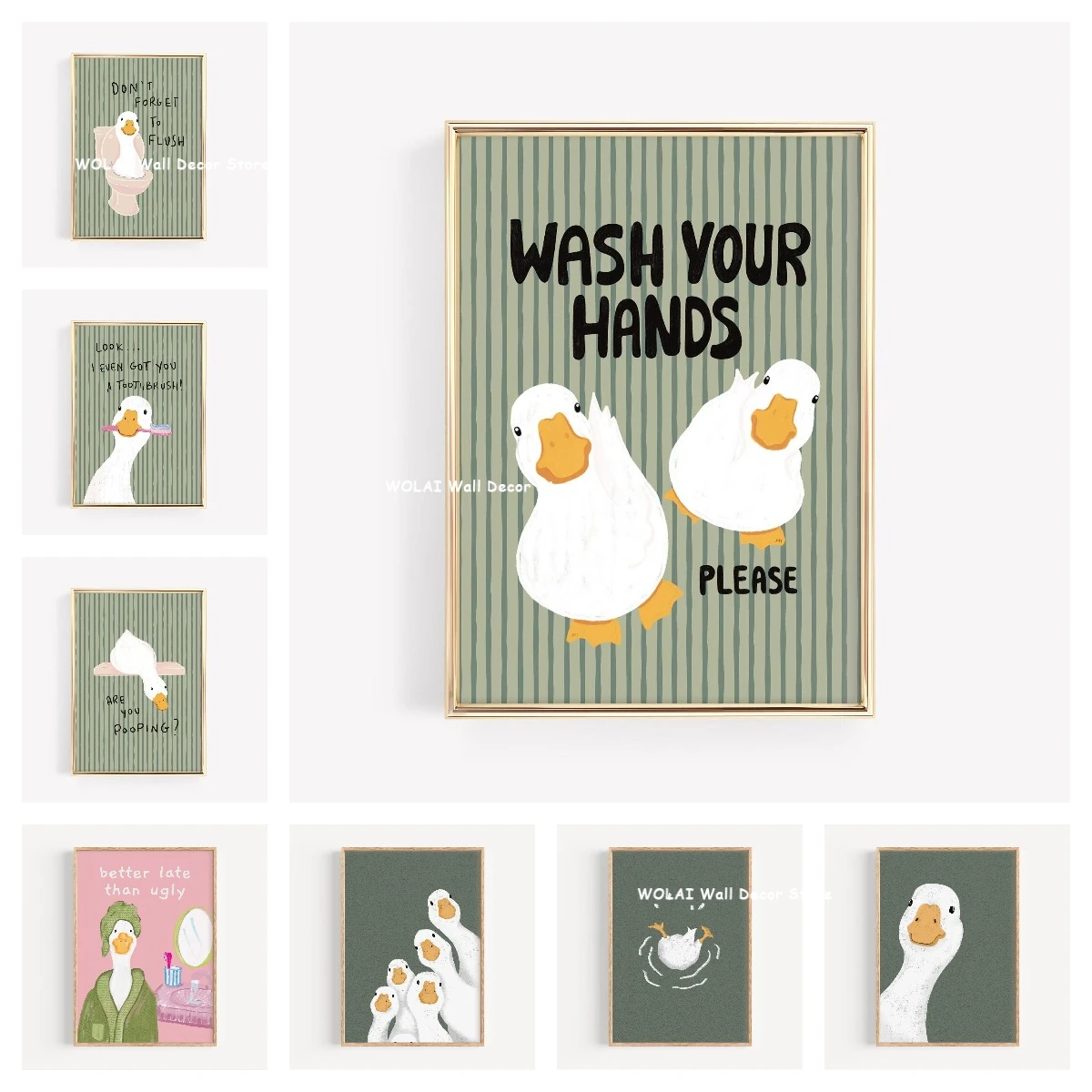 Kids Educational Poster - Sage Green Striped Goose Bathroom Canvas