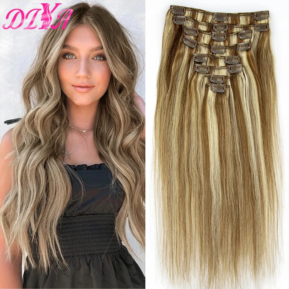 Clip in Hair Extension Brown & Blonde Straight Human Hair for Women Hair Extension Clips in Hair Remy Human Hair Seamless ins