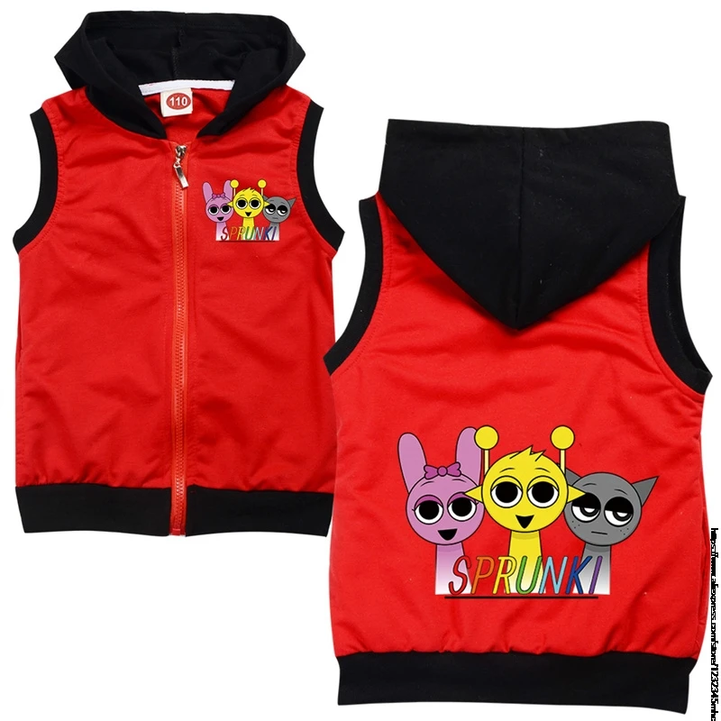 New Sprunki Hoodie Vest Kids Cartoon Hooded Zipper Jackets Teenager Boy Cosplay Costume Girls Boys Coats Vest 1-15Y