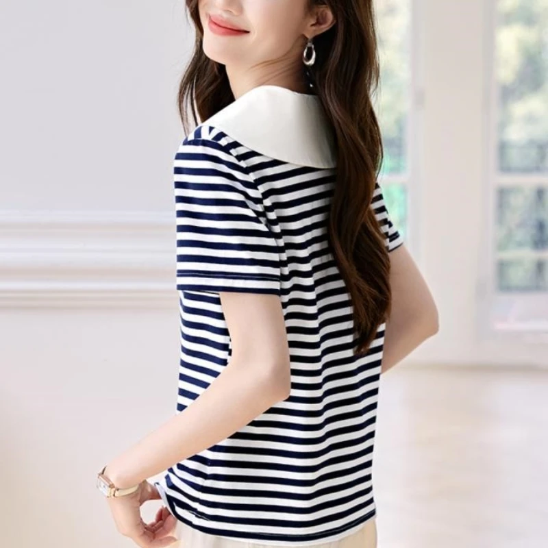 2024 New Summer Young Style Minimalist Fashion Short Sleeved Sailor Collar Striped Patchwork Contrasting Women\'s T-shirt Top