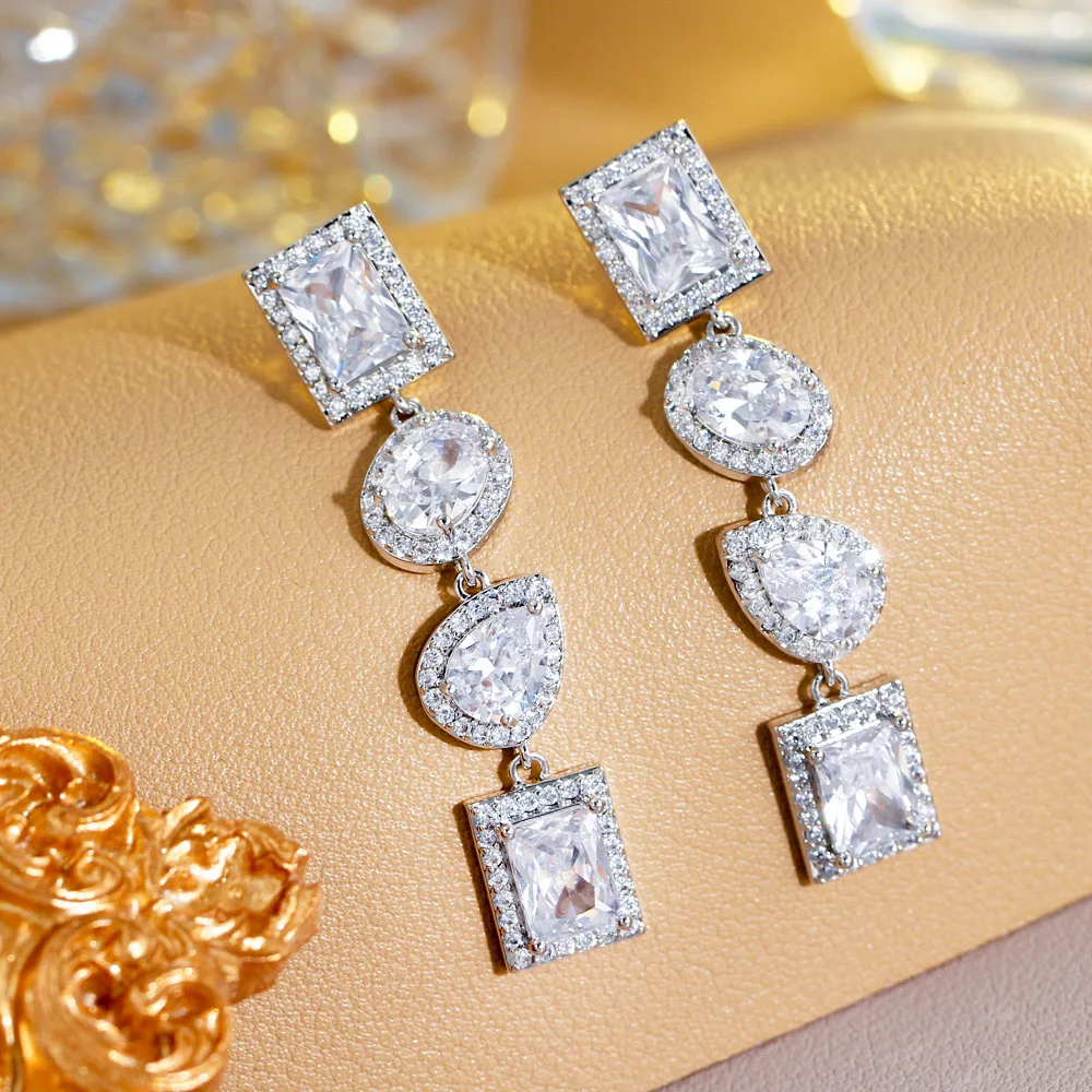 CWWZircons Gorgeous Top Square Cubic Zirconia Pave Long Dangly Drop White Wedding Engagement Party Wear Earrings for Women CZ508