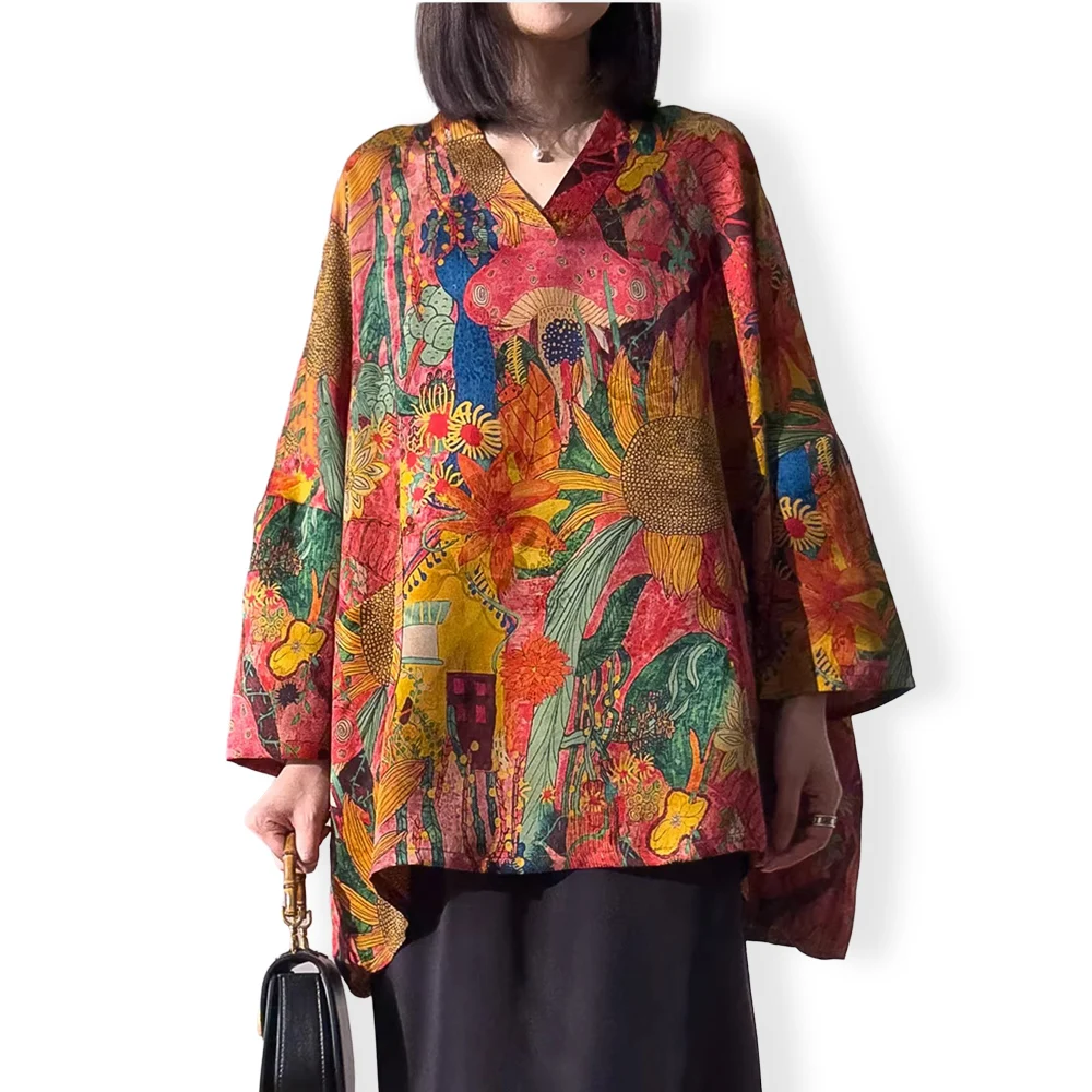 Plus Size Exotic Style Breathable 100% Natural Mulberry Silk Fragrant Cloud Yarn Retro Pocket Design V-neck Drop Sleeves T-shirt