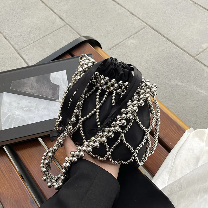 

2026 Sweet Girl Fashionable Handmade Pearl Beaded Bag French Style Hollow Out Evening Bag Elegant Single Shoulder Bag Sac A Main