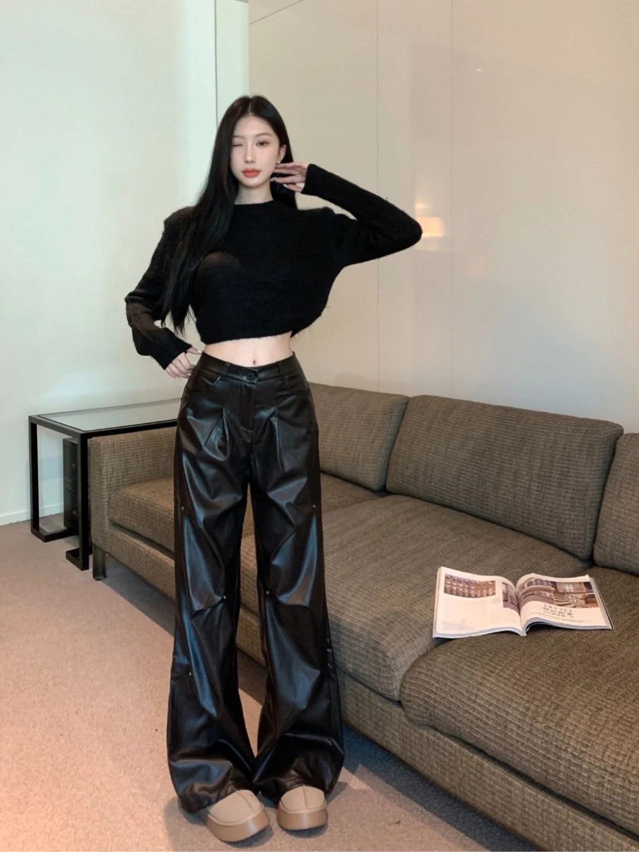 Retro American Black Leather Pants And Short Knitted Sweater Women's Fashion Set Autumn New Style High Waist Wide Leg Pants