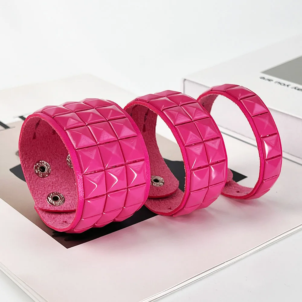 Women's Punk Pyramid Stud Leather Bracelet Adjustable Hot Pink Wide Cuff Bracelets Gothic Fashion Wristband Hand Jewelry Gift