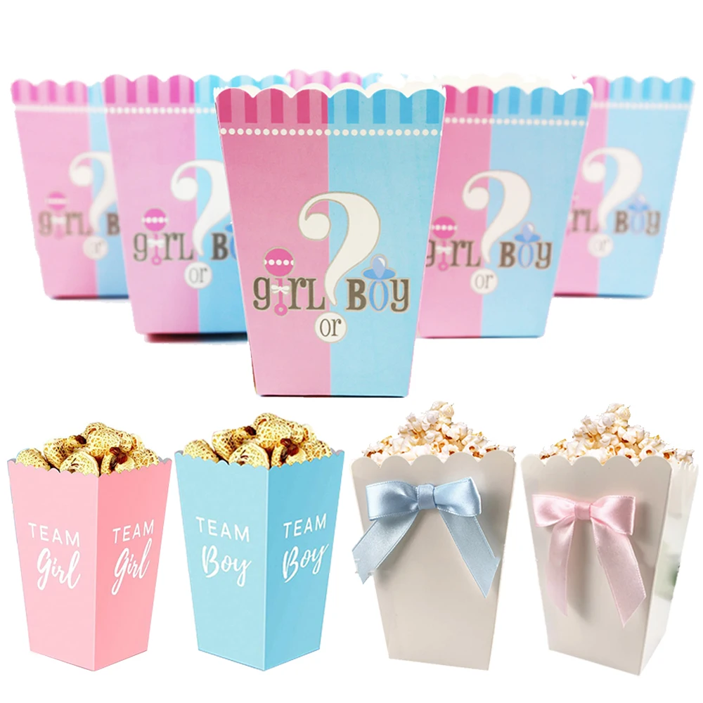 6pcs Pink Blue Popcorn Box Candy Cookies Bow Box Kids Birthday Party Baby Shower Gender Reveal Party Decoration Supplies