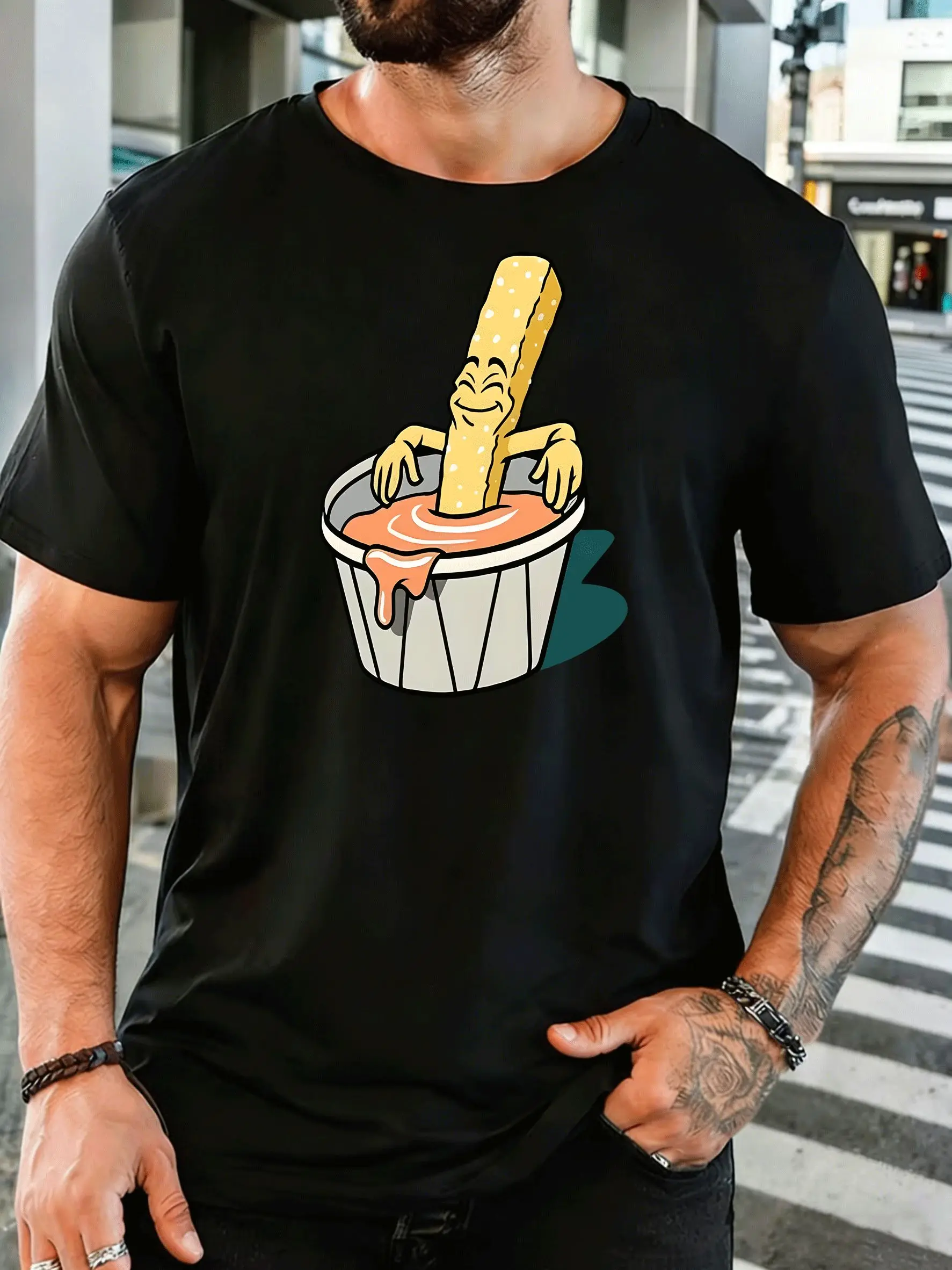 Funny French Fry In Sauce Mens Front Print T Shirt Cartoon Snack Character Graphic Tee Casual Short Sleeve Top Food Lover Gift