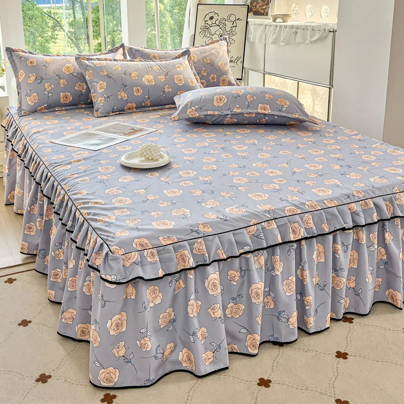 1pc Soft Bed Skirt Flower Printed Bed Cover colcha de cama casal with Lace Princess Style roupa de cama (Pillowcase Need Order)