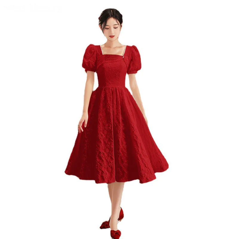 

N1146 Princess Short Sleeve Square Collar Evening Dresses A-Line Robe Women Lady Girl Prom Gown Bride Wedding Party Dress