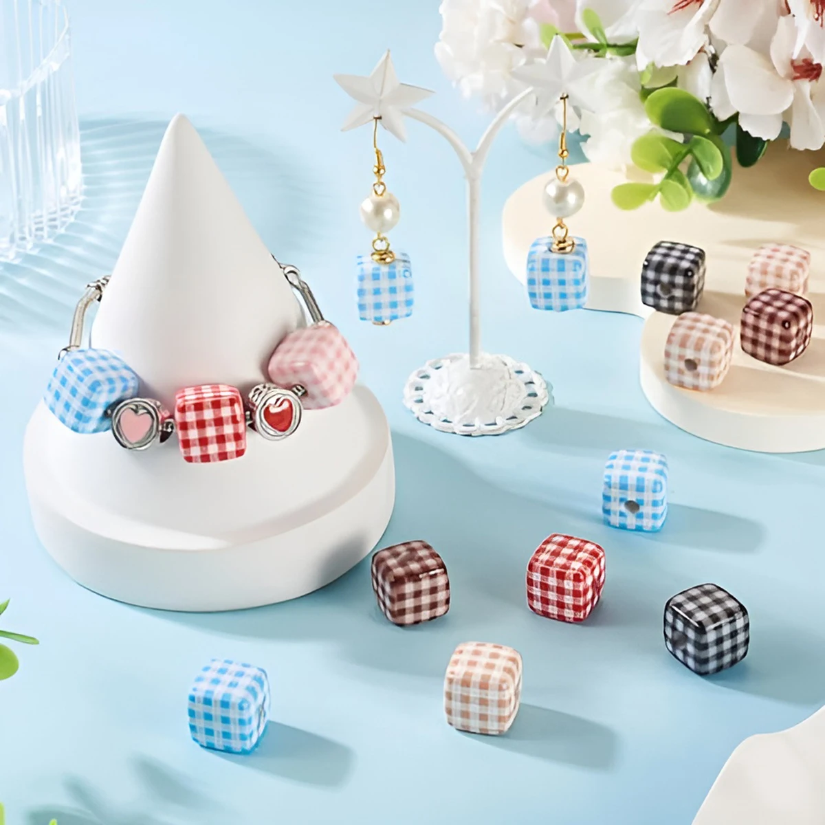 5/10/20 PCS Checkered Square Beads, 8 Colors Matte Loose Beads for DIY Jewelry Making Bracelets Necklaces Lanyards