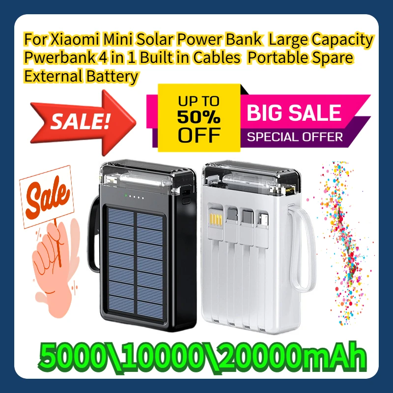 

For Xiaomi Mini Solar Power Bank 20000mAh Large Capacity Pwerbank 4 in 1 Built in Cables Portable Spare External Battery