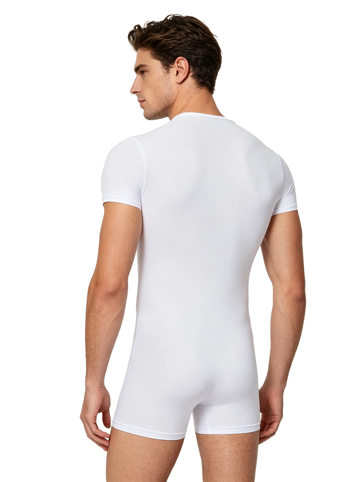 Men Silky Stretchy Short Sleeve Front Zipper Bodysuit Boyshorts Bottom Casual Breathable for Yoga Home Wear Workout