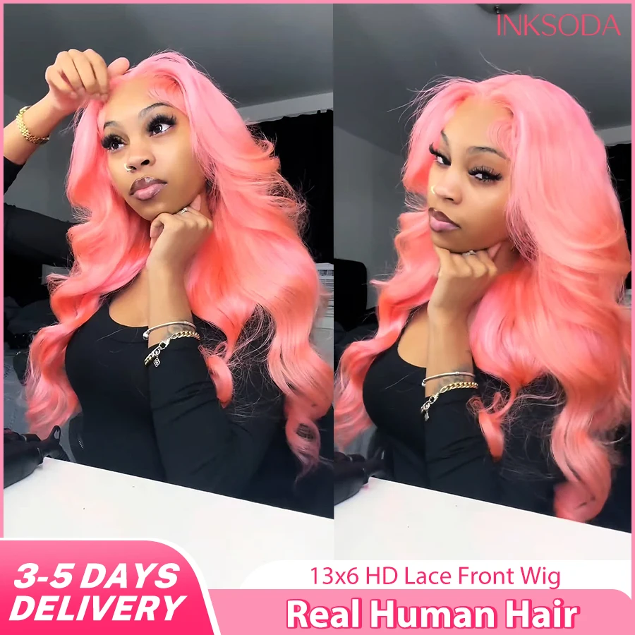 220% Density 36 Inch Pink Colored Body Wave Frontal Wig With HD Transparent 13x6 13x4 Lace Front For Natural Look Human Hair Wigs For Women Pre Plucked Pink Colored Human Hair Wigs Body Wave Wig Human Hair  Brazilian Hair