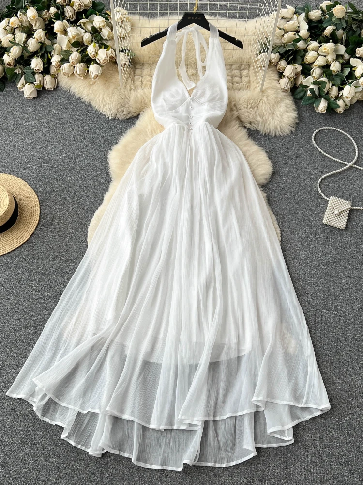 Summer Elegant White Dress Women Sexy V-neck Backless Bandage Beach Dresses Ladies Vintage A-line Chiffon Long Robe Vestidos