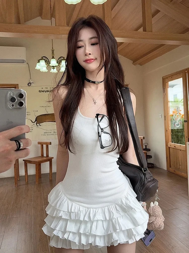 甘いキャミソールミニドレス女性韓国のセクシーなストリートケーキドレス夏スリムウエストフリルバレエスタイル A ラインサスペンダー Vestidos