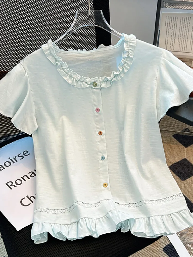 

Summer Loose ort Sve round Ne irt Women's Button Wooden Bounded Flounce Top Korean Sle Commute Wind