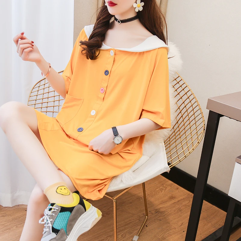 2024 Fashion Wear Milkshake T Shirts Women Mid-length Tops Buttoned Solid Doll Neck Short Sleeve Model Tees New Student Tide