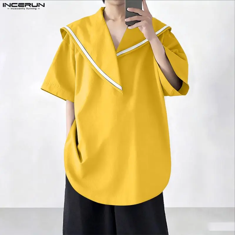 INCERUN Kemeja Pria Patchwork Kerah Biru Laut Lengan Pendek Longgar Atasan Pria Pakaian Jalanan Musim Panas Gaya Korea Fashion Pakaian Pria Kasual