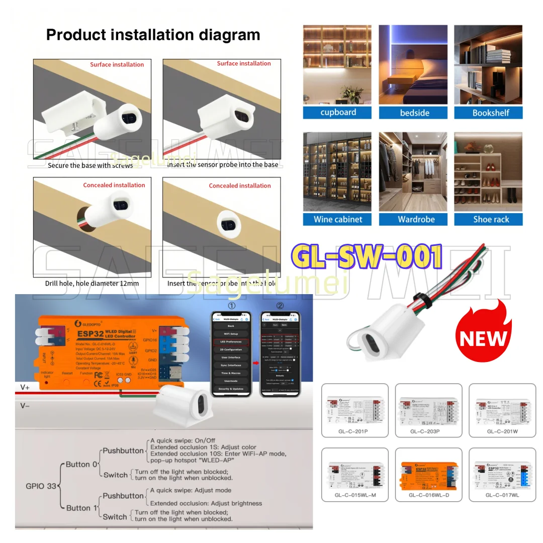 Mini IR Sensor Switch GL-SW-001 Auto On/Off Dimmer LED Controller Gesture Control for WLED/ZigBee Cabinet Light Instant Response