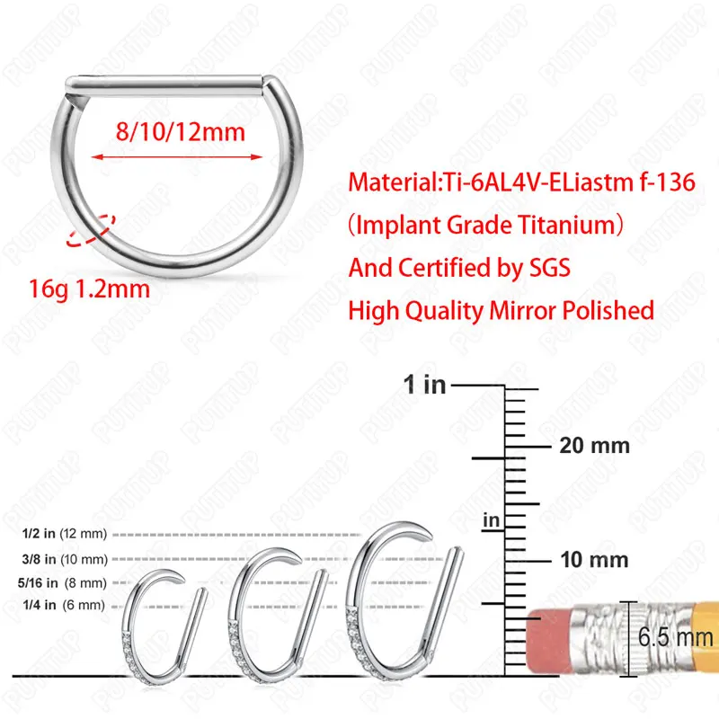 G23 Titanium Piercing Jewelry 16G 8/10/12mm Nose Ring Half Ring CZ Paved D Shape Segment Ring Clicke Cartilage Tragus Helix Lip
