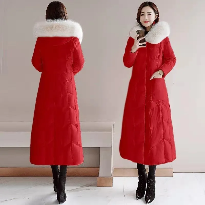 2023 New Women Down Cotton Coat Winter Jacket Female Mid Length Version Parkas Slim Fit Warm Outwear Hooded Fur Collar Overcoat