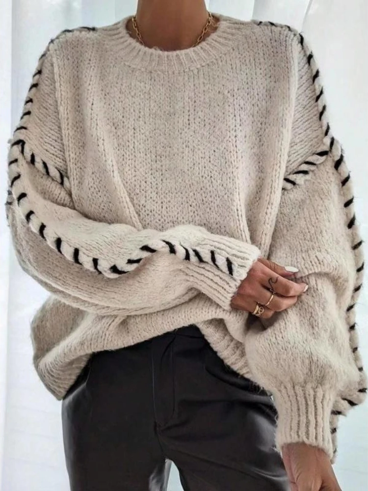 Loose Casual Solid Color Round Neck Pullover Knitted Sweater with Drawstring Design for Slimming, Plus Size Long Sleeved Sweater
