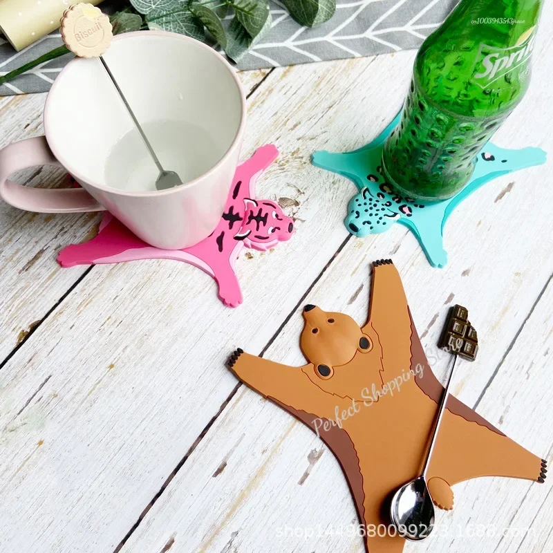 Cute Silicone Coaster Insulated Water Non-slip Pad Cartoon Animal Heat-resistant Cup Mat Tiger Leopard Placemat Home Kitchen