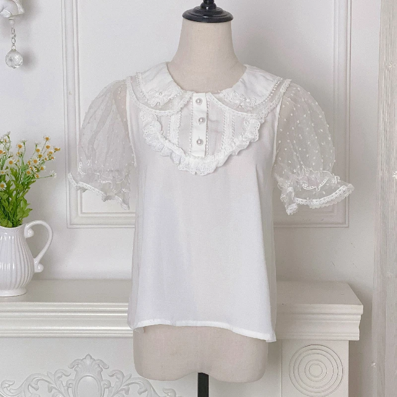 White Summer Sweet Lolita Blouse Women Kawaii Lace Peter Pan Collar Mesh Puff Short Sleeve Shirts Fashion Cute Daily Student Top