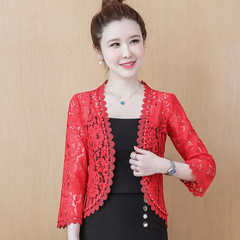 Fashion Long Sleeve Beading Hollow Out Lace Cardigan Women Jacket Black White Short Jacket Women Clothes Coat Women Jackets G39