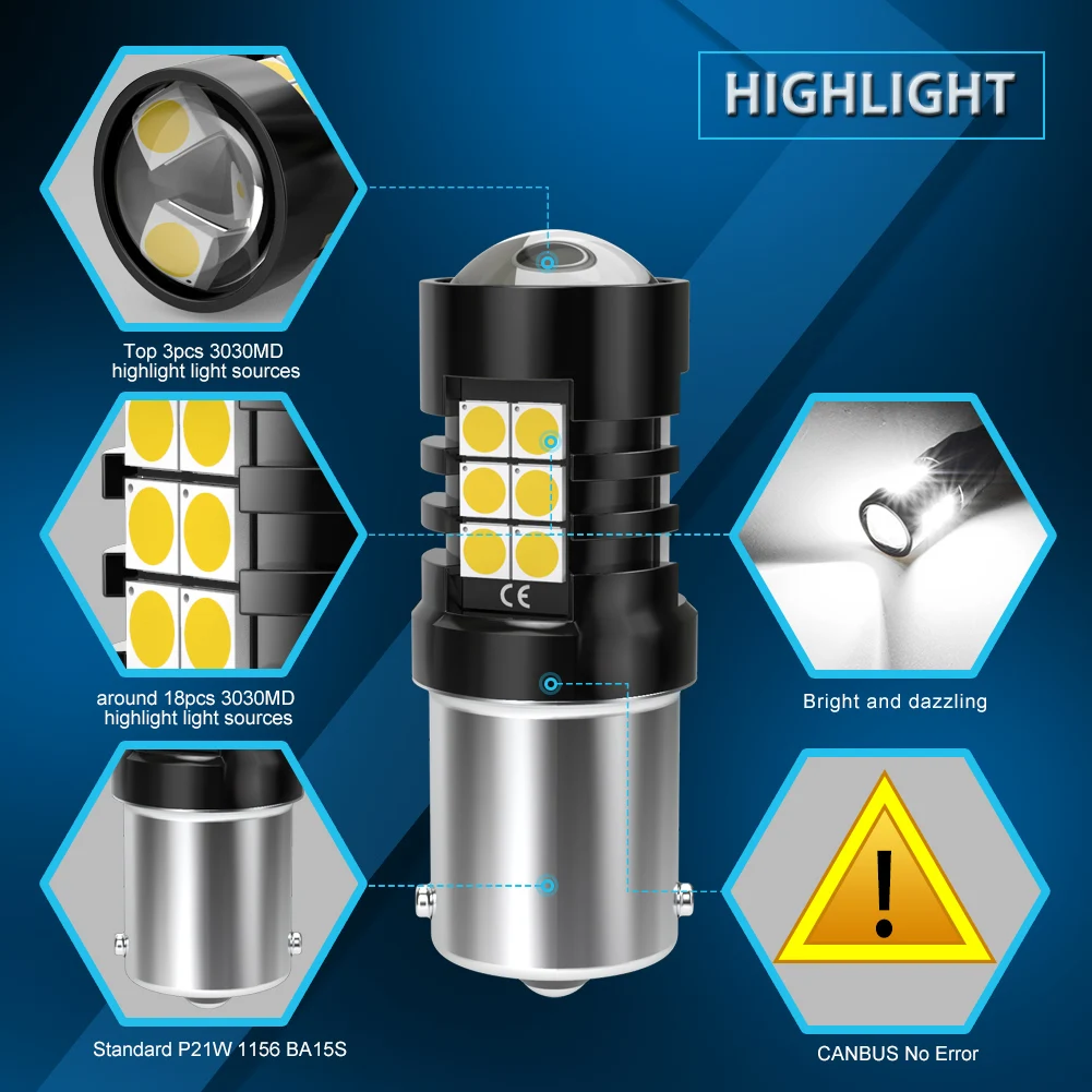 2Pcs BA15S P21W LED CANBUS 1156 T15 W16W 7440 T25 3157 LED Bulb Signal Lamp 6000K White Car DRL Reverse Daytime Running Lights