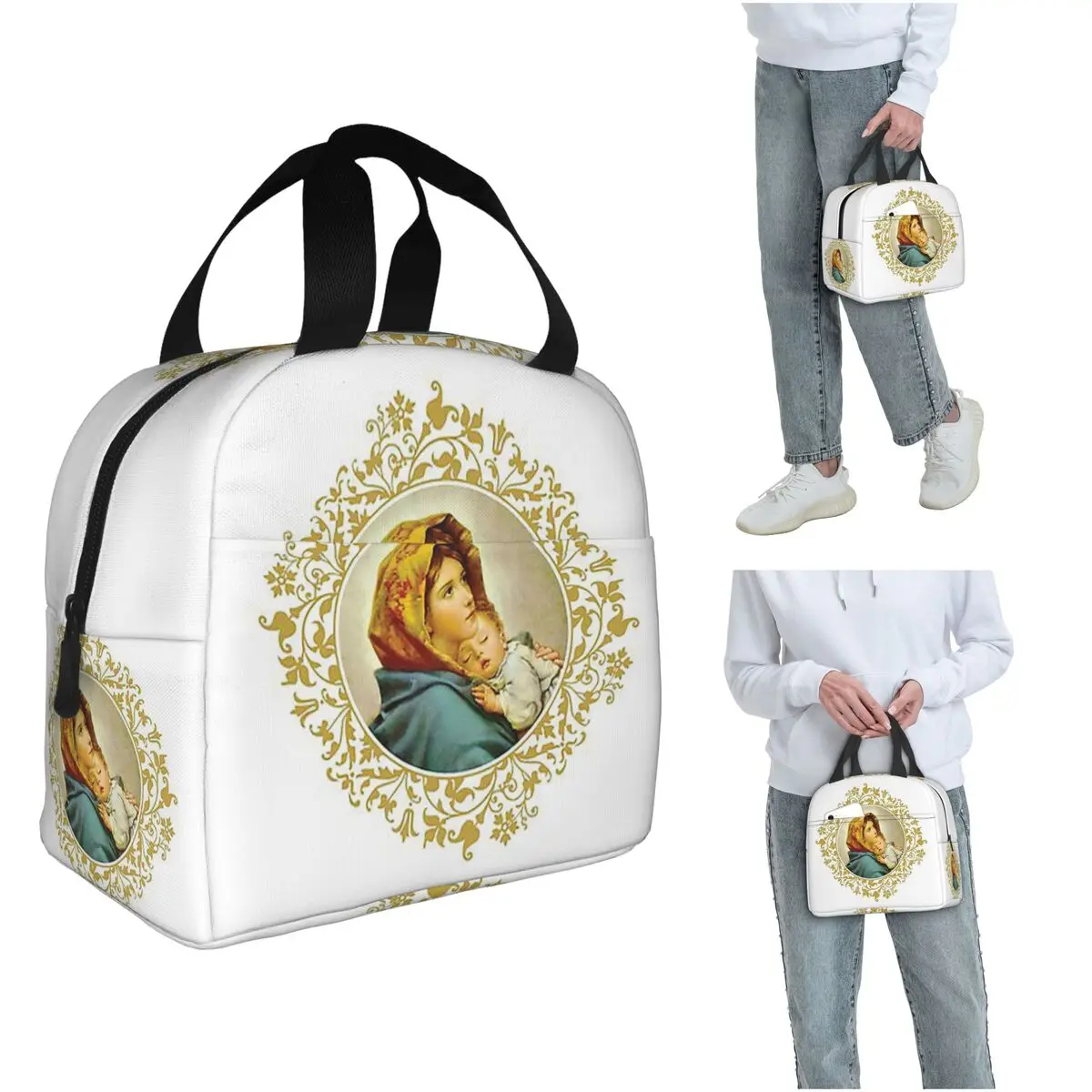 

Изолированная сумка для обеда с изображением Девы Марии с младенцем Иисусом для женщин и детей, портативные контейнеры для еды, термосумка для обеда