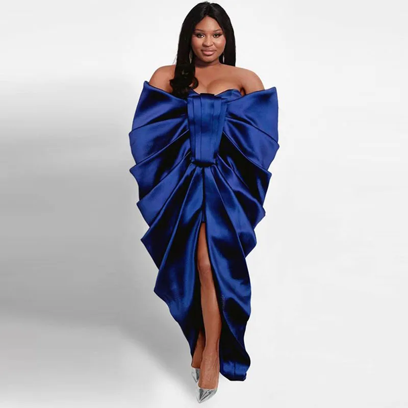 ชุดราตรีสีน้ำเงินแบบรัดรูปทันสมัยสำหรับผู้หญิงแอฟริกันไซส์ใหญ่ ชุดออกงานพรอมเซ็กซี่เปิดไหล่ผ่าหน้า ชุดเดรสงานเลี้ยงอย่างเป็นทางการ
