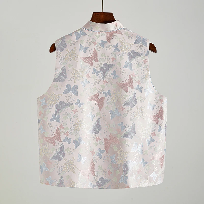 Handmade Chinese Style Reformed National Trend Small Stand Collar High End Embroidered Gold Satin Vest Top Outerwear
